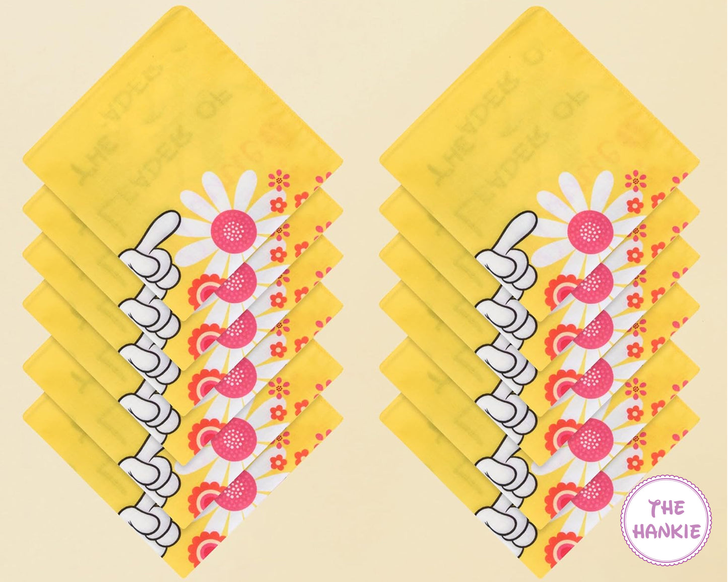 Stack of yellow hankies with floral design on a beige background