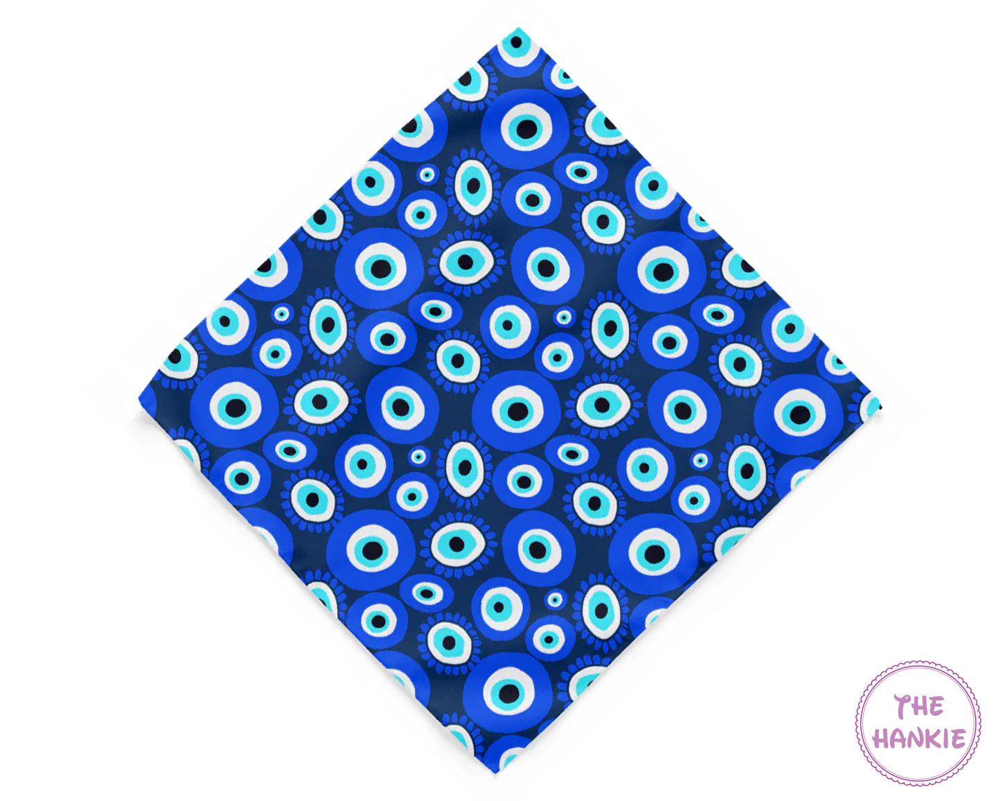 Blue patterned hankie with white and light blue circles on a white background, branded 'The Hankie'.