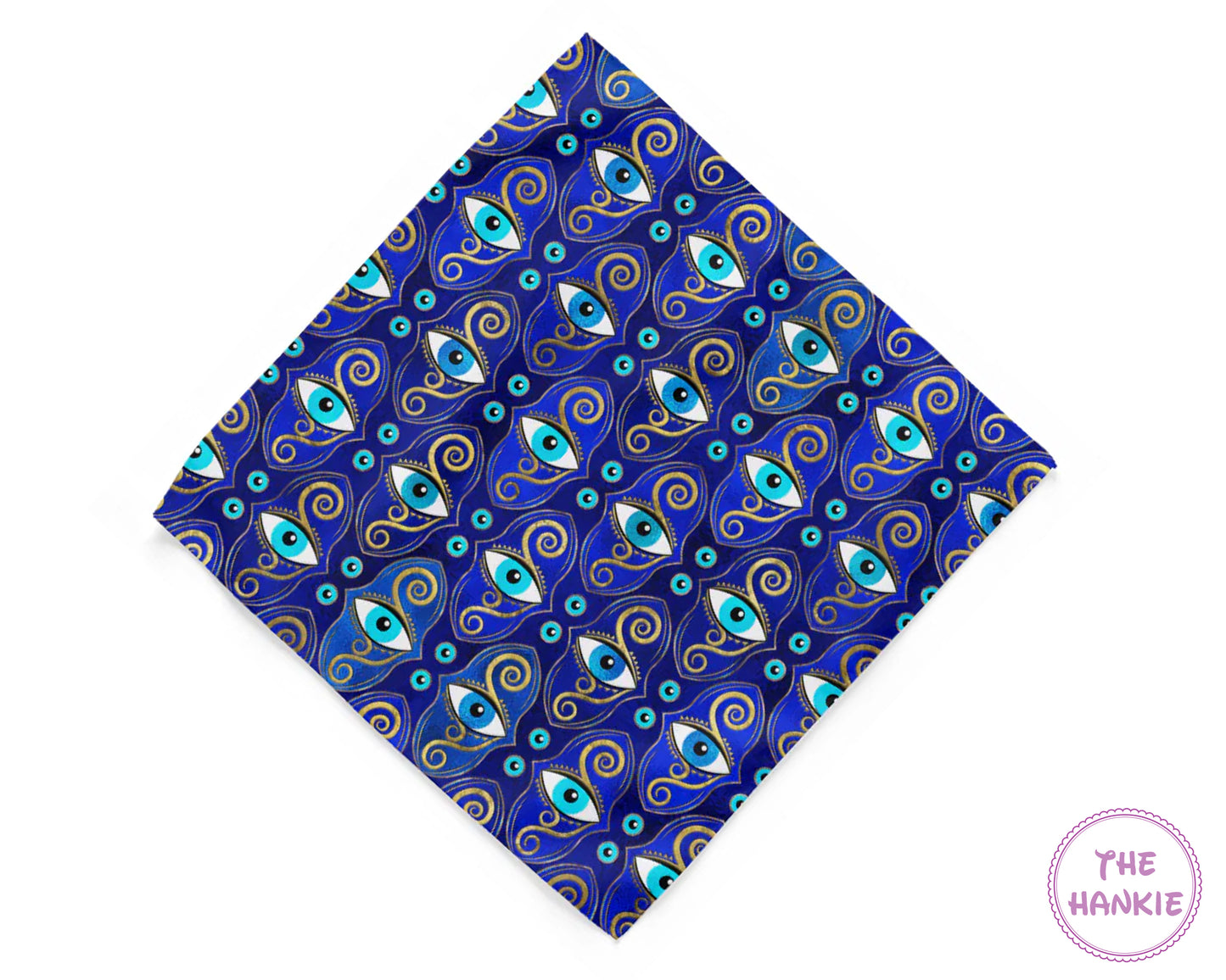 Blue patterned hankie with eye design on a white background