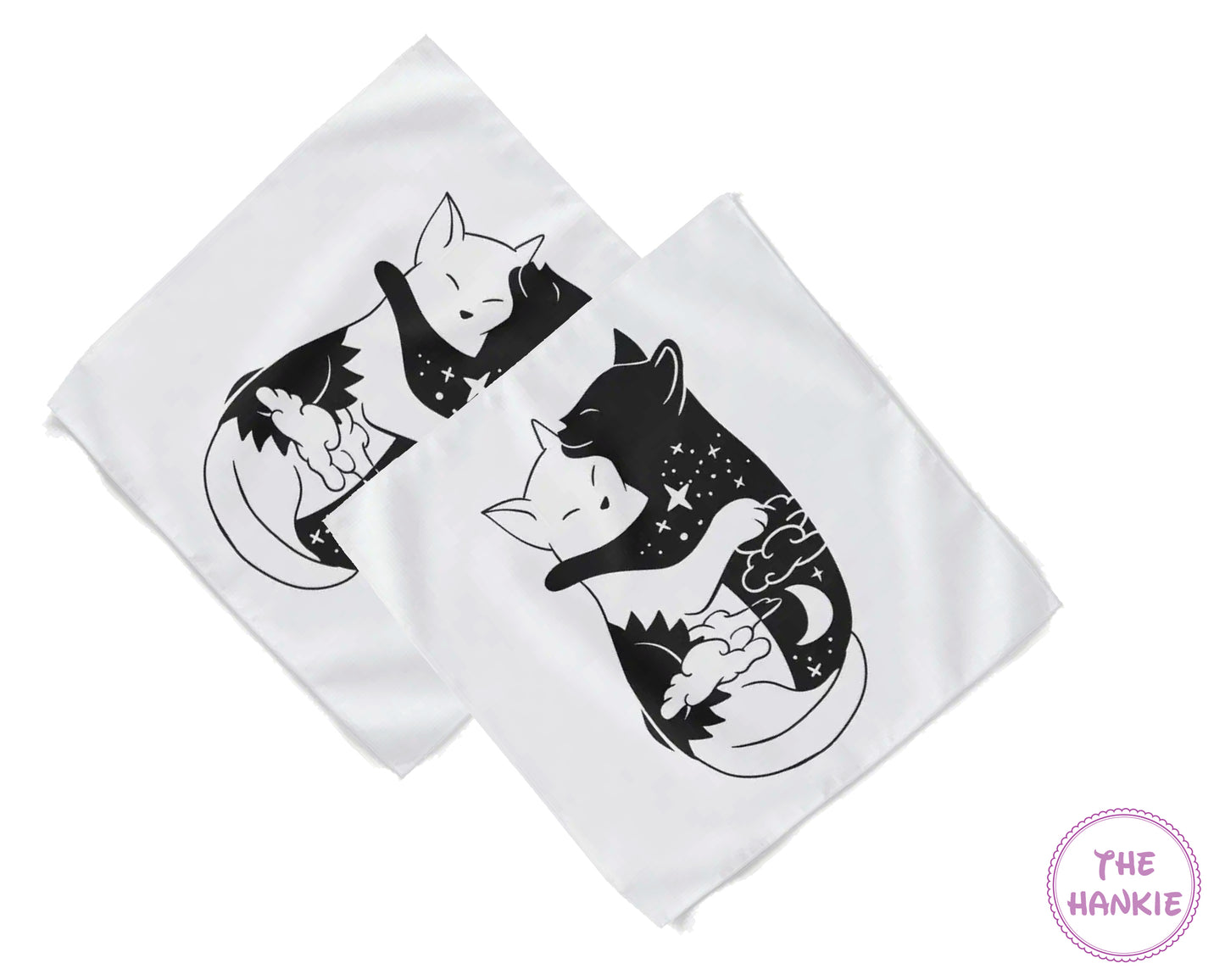 Two white hankies with black cat illustrations on a white background, featuring the brand 'The Hankie'.
