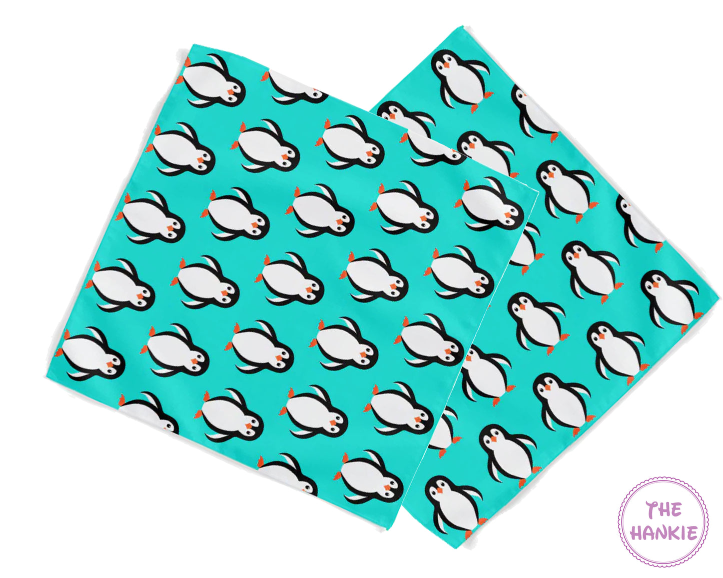Two hankies with penguin pattern on a turquoise background, branded 'The Hankie'.
