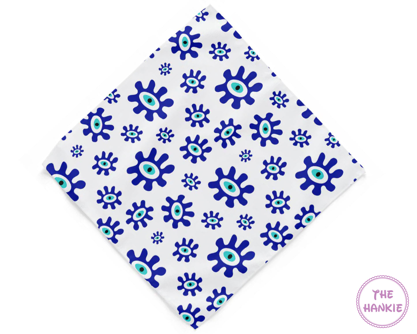 White hankie with blue and green pattern, branded 'The Hankie'.