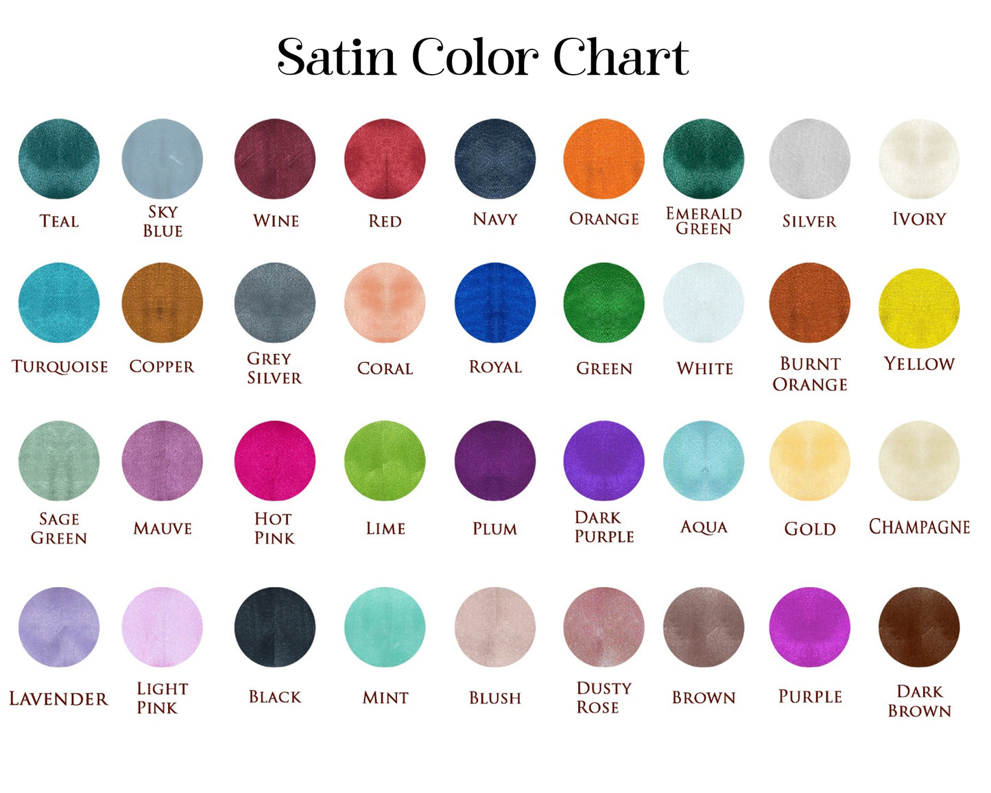 Satin color chart with various color swatches and names.
