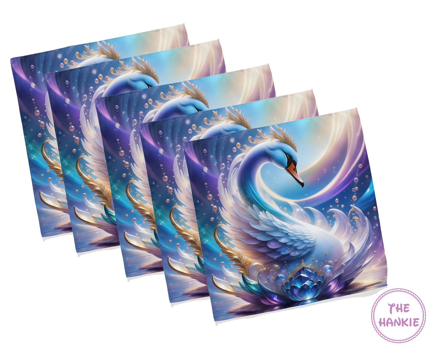 Set of four cards with a swan design on a white background, featuring the brand 'The Hankie'.