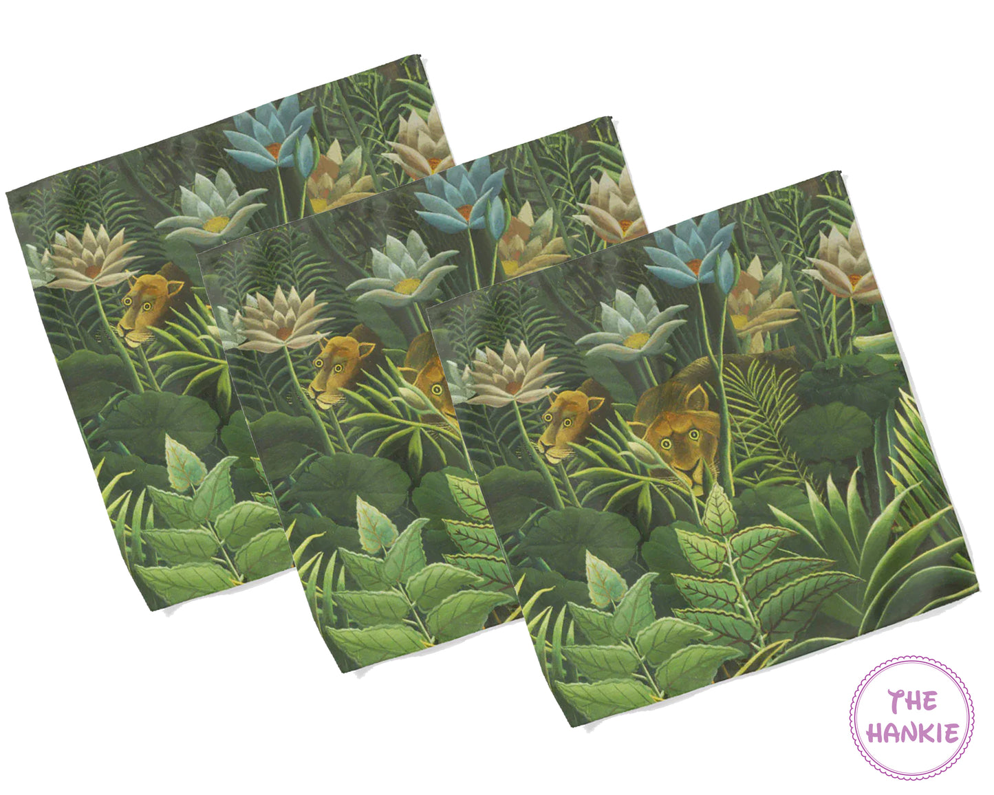 Three green hankies with floral pattern on a white background, branded 'The Hankie'.