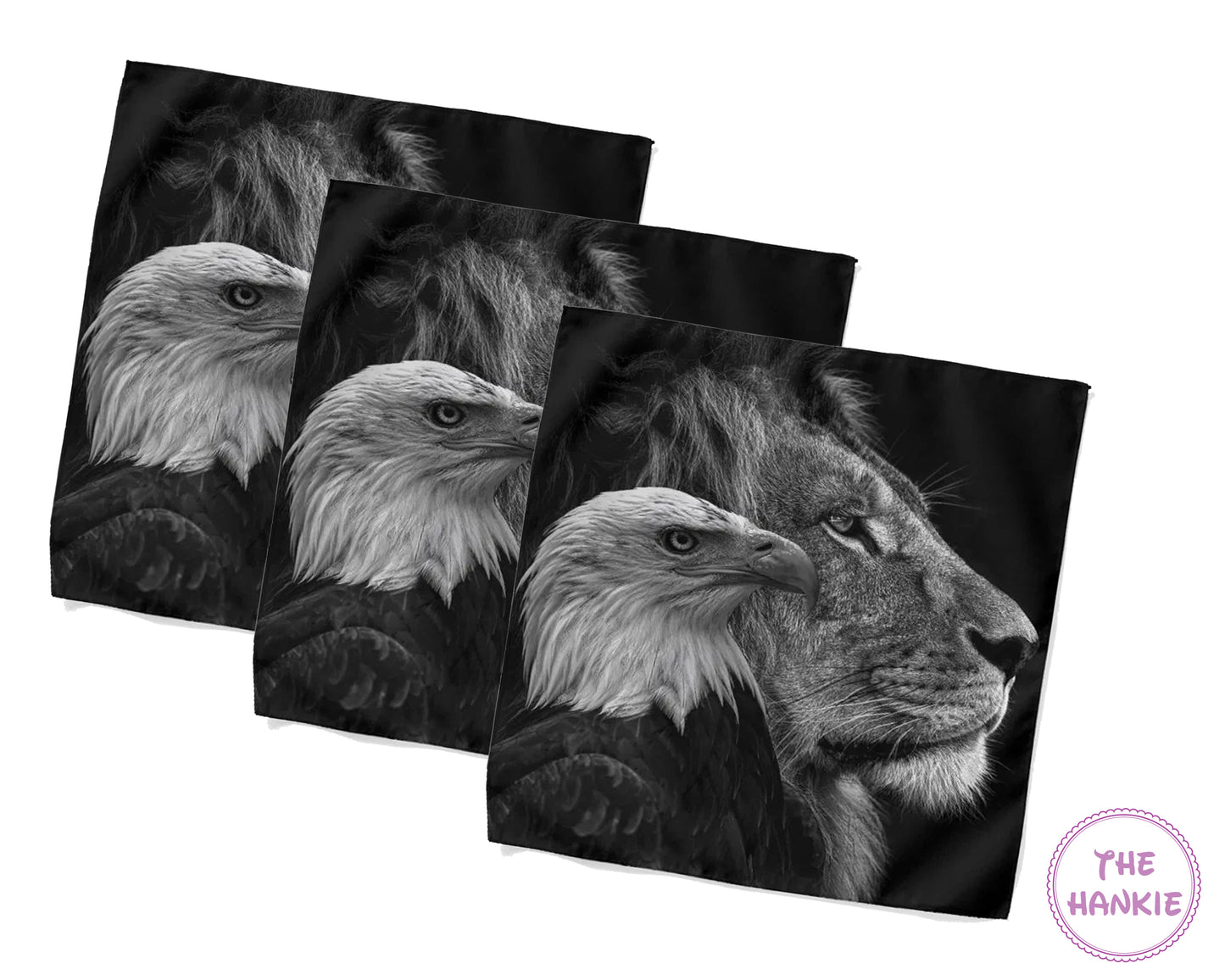 Set of four black and white hankies featuring an eagle and a lion, with 'The Hankie' logo.