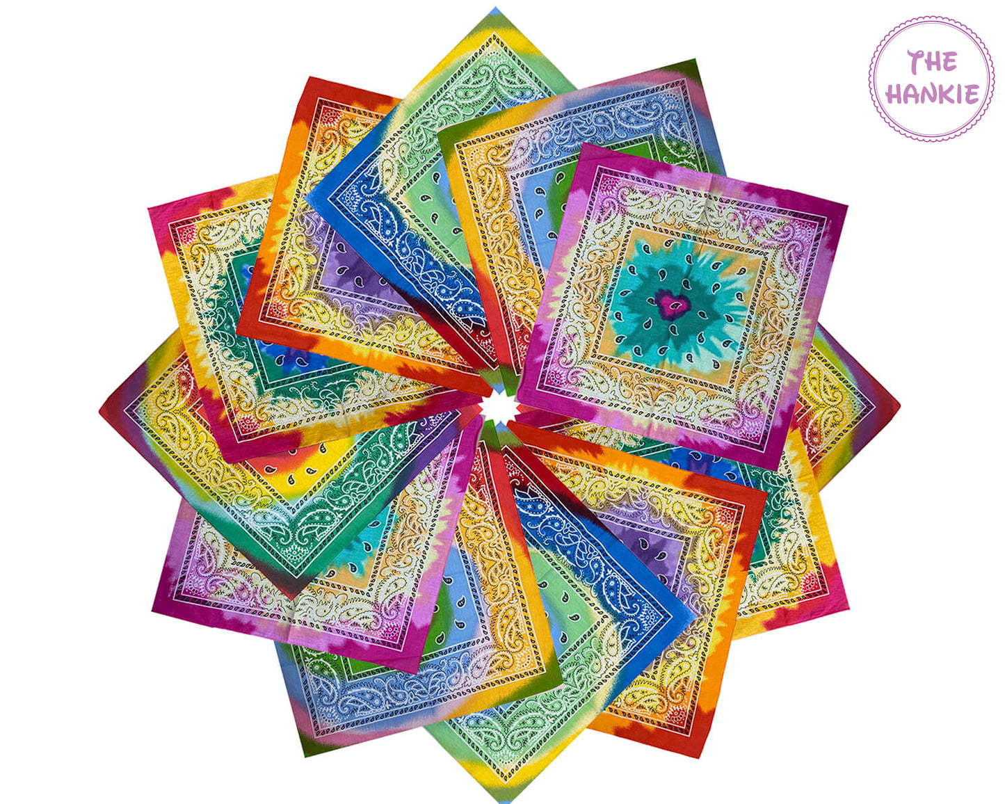 Colorful bandana with intricate patterns arranged in a circular fashion on a white background.