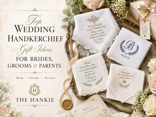 Luxury wedding handkerchief gift ideas for brides, grooms, and parents featuring embroidered keepsake messages, monogram initials, lace detailing, pearls, floral accents, and elegant wedding styling