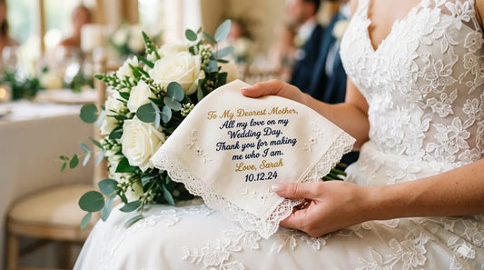 bride in lace wedding dress holding personalized embroidered handkerchief with message for mother and floral bouquet