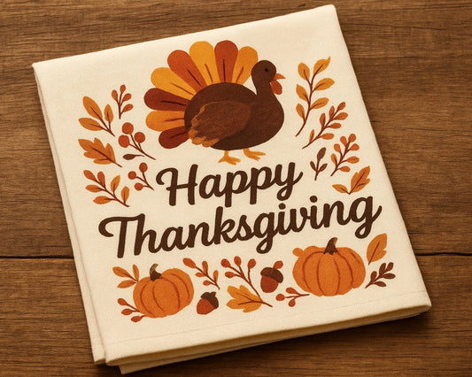 Happy Thanksgiving cloth with turkey and pumpkin design.