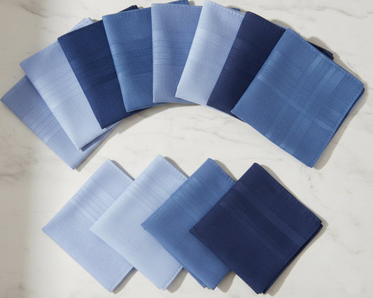 Set of blue pocket squares arranged in a fan-like pattern on a light background