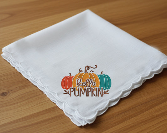 Scalloped White Cotton Handkerchief – Pumpkin Embroidery for Women's