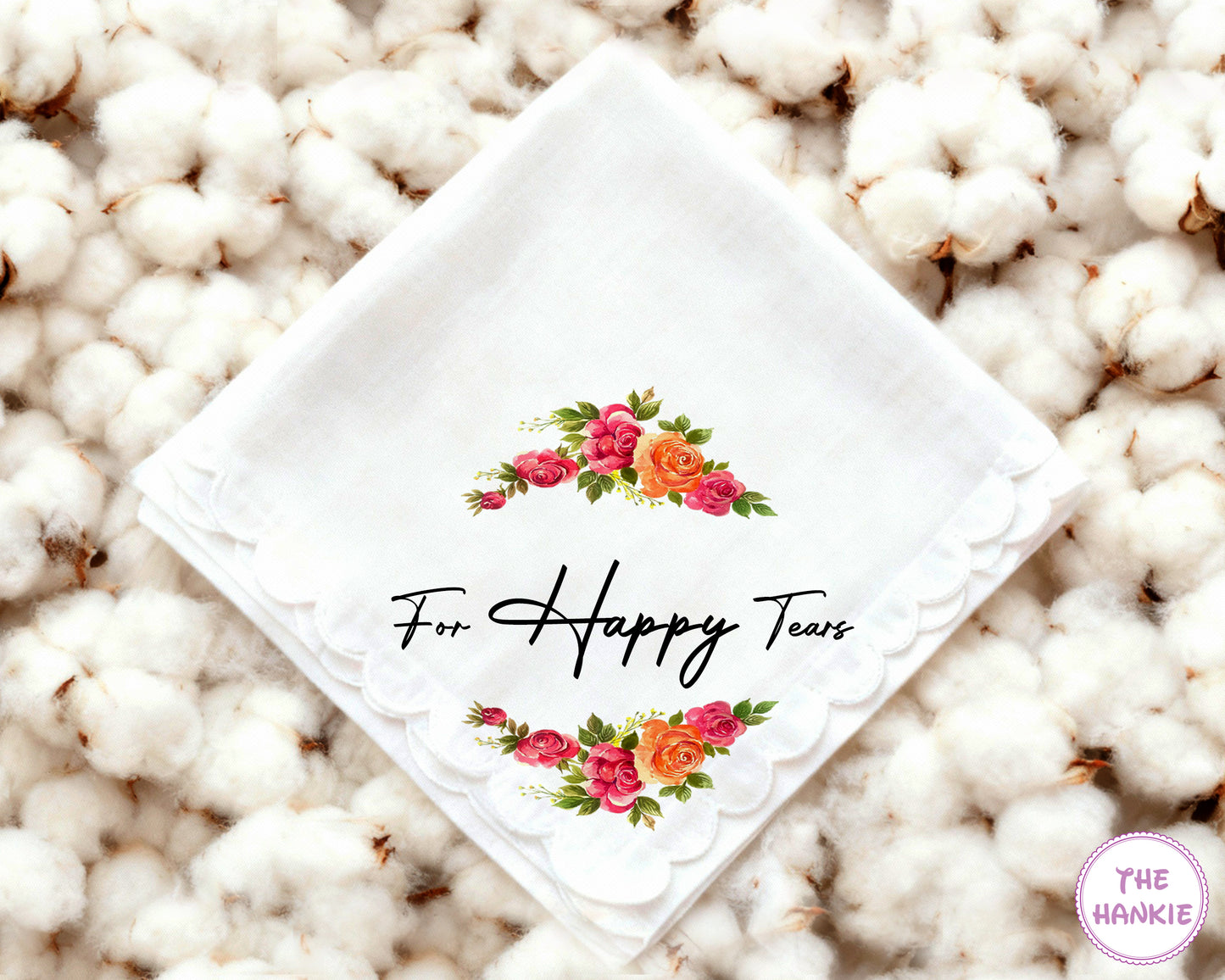 Custom Romantic Floral Scalloped Edge Happy Tears Wedding Handkerchief
