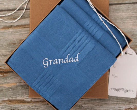 Blue Mens Handkerchiefs with Personalised Embroidered Name or Initials - Set of 3