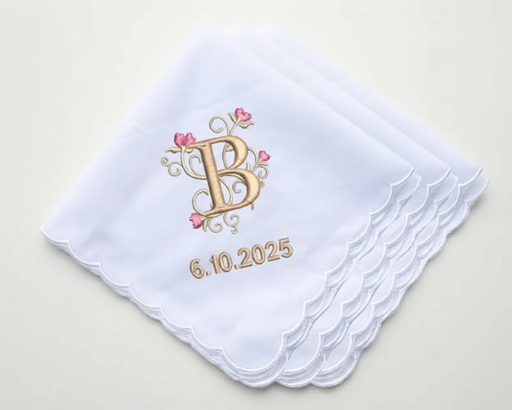 Women’s Embroidered Initial Handkerchief – Monogram with Date Keepsake