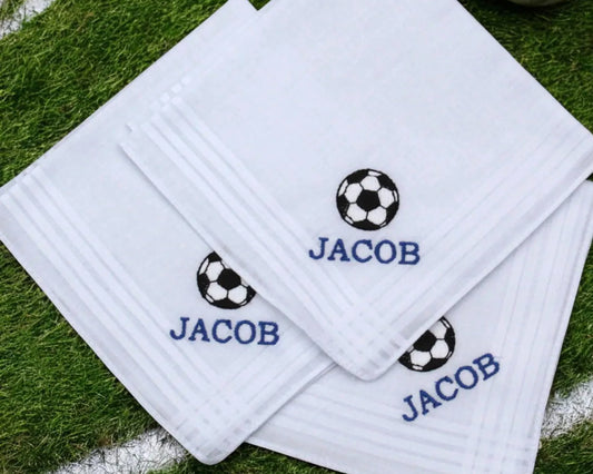 Childrens Handkerchiefs with Personalised Embroidered Name and Football Logo.