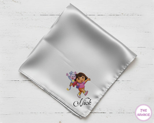 Kids Satin Cartoon Handkerchief with Dora Print and Name