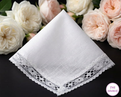 Elegant Bridal Handkerchief – White Cotton Hanky with Lace Border