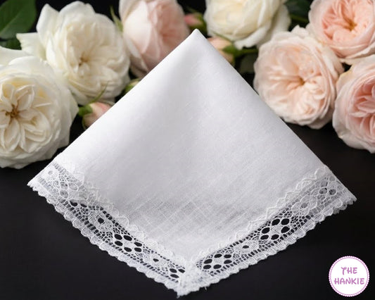 Elegant Bridal Handkerchief – White Cotton Hanky with Lace Border