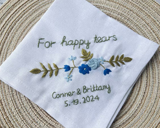 Personalized Linen Wedding Handkerchief with Flower