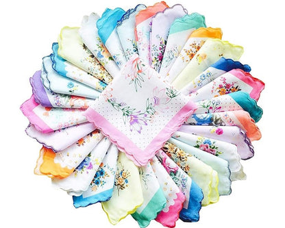 Women's 100% Cotton Assorted Border Floral Pattern Handkerchief