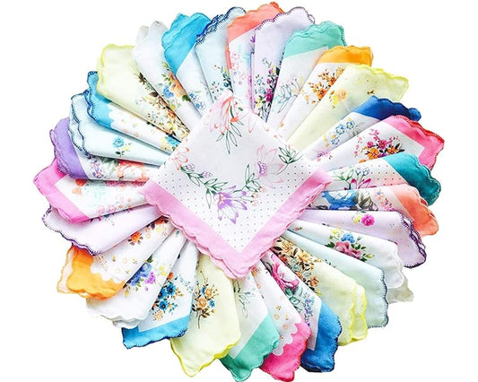 Women's 100% Cotton Assorted Border Floral Pattern Handkerchief