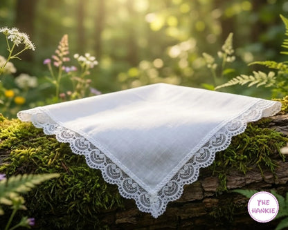 Elegant White Handkerchief – Soft Cotton Floral Lace Trim Bridal Hanky