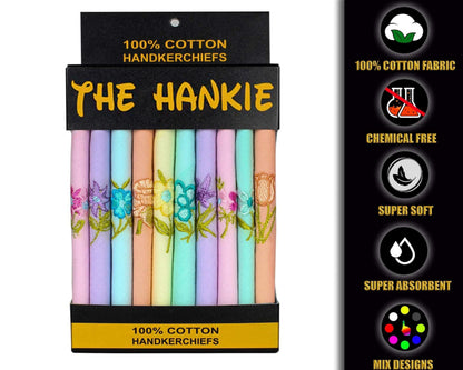 100% Cotton Embroidery Floral Multicolor Hankie for Women