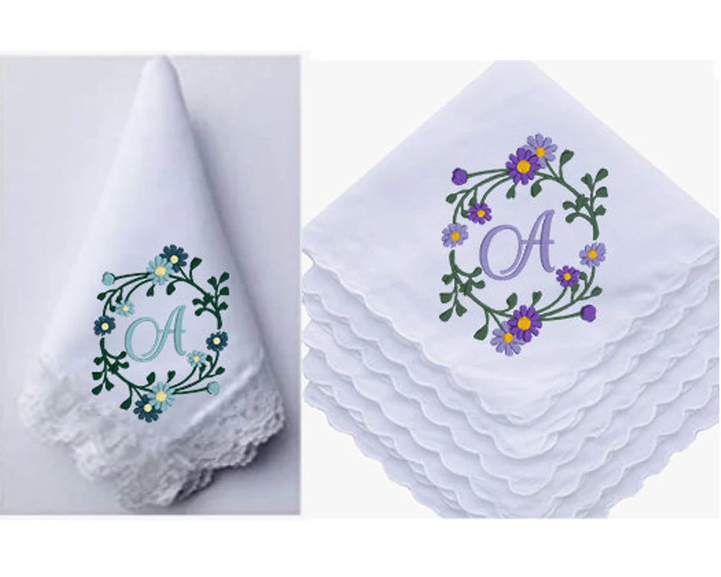 Womens Scallop Edge Cotton Embroidery Hankie - Set of 2,4,8,12