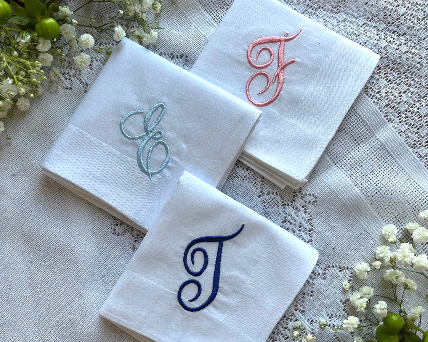 Custom White Monogrammed Handkerchiefs - Set of 2,3