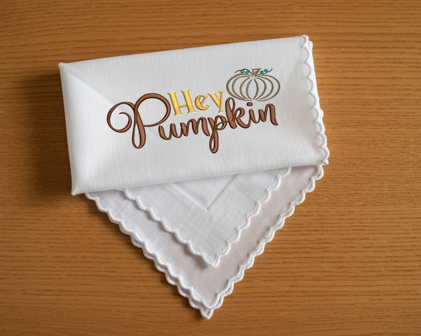 Happy Thanksgiving Embroidered White Handkerchief – Scallop Finish