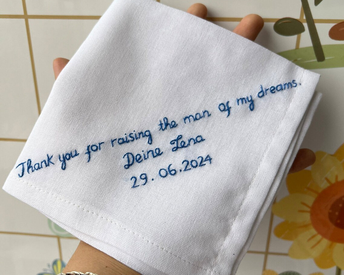 Personalized Linen Wedding Handkerchief with Flower