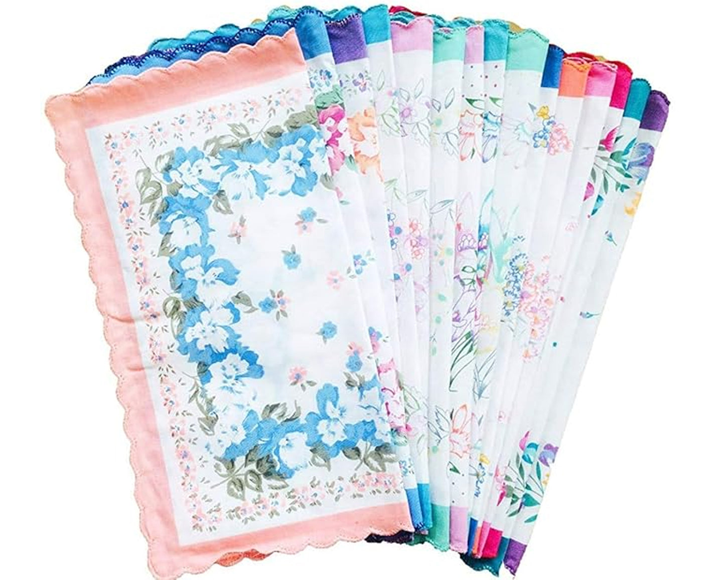 Ladies Cotton Assorted Scallop Edge Handkerchief