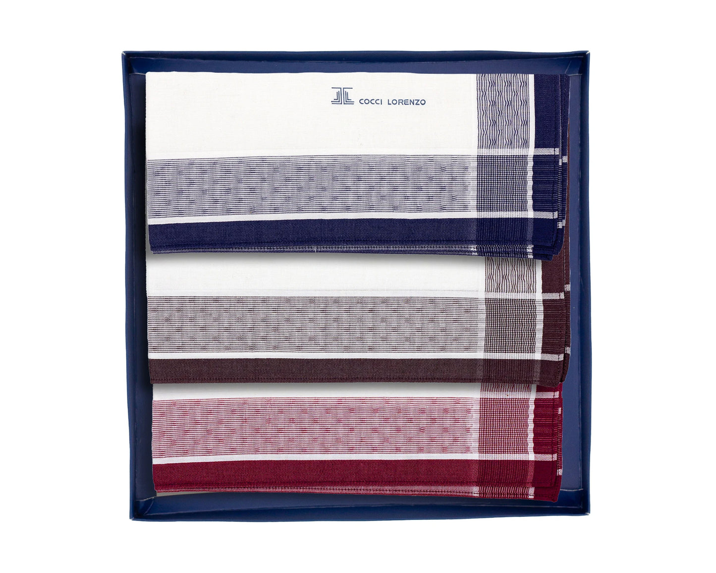 Gentleman’s Luxe Hanky Set – White Base, Blue Brown & Maroon Edges