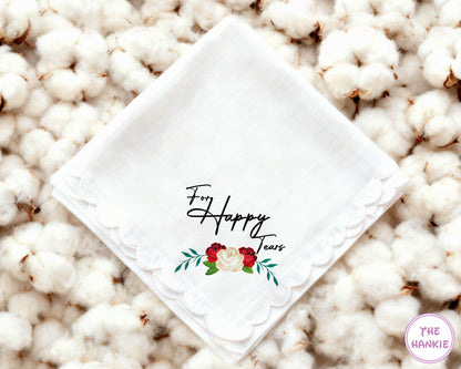 Custom Romantic Floral Scalloped Edge Happy Tears Wedding Handkerchief