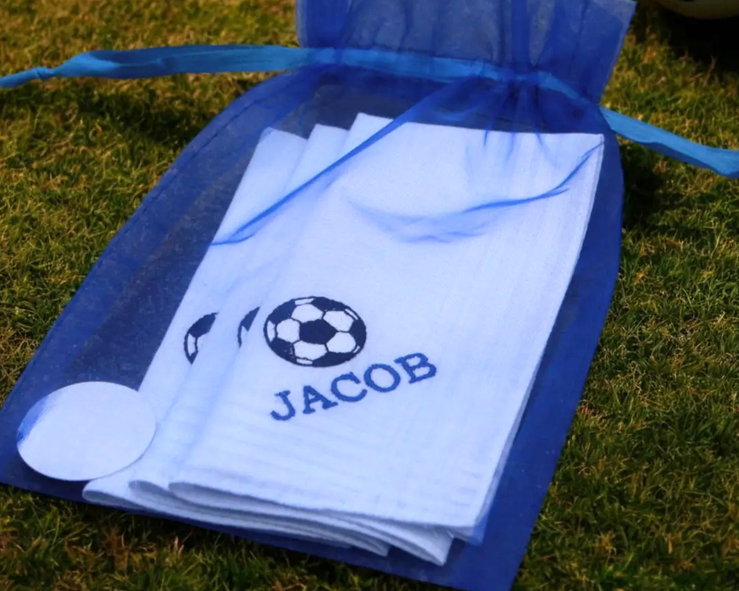 Childrens Handkerchiefs with Personalised Embroidered Name and Football Logo.