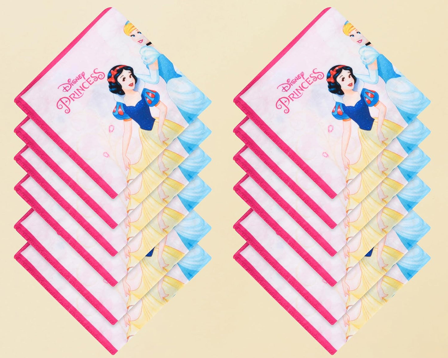 Set of Disney Princess-themed handkerchiefs on a light yellow background
