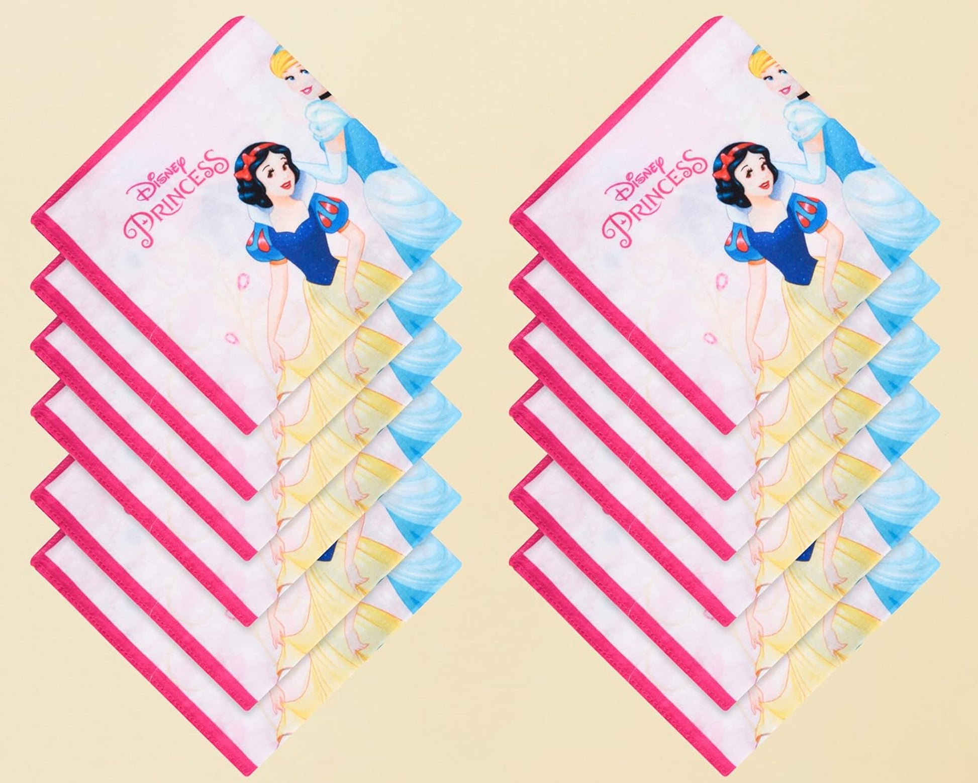 Set of Disney Princess-themed handkerchiefs on a light yellow background