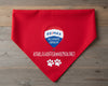 A vibrant red dog bandana featuring the Remax Alliance Group hot air balloon logo and a custom contact email in white vinyl.