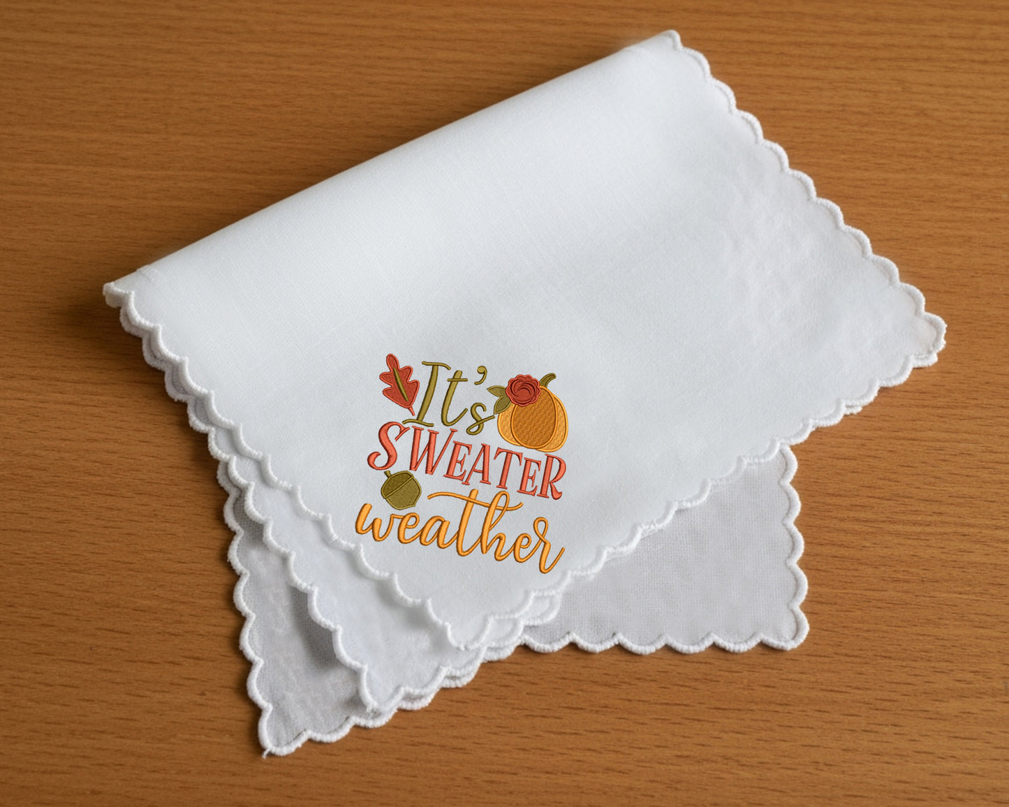 Scalloped White Cotton Handkerchief – Pumpkin Embroidery for Women's