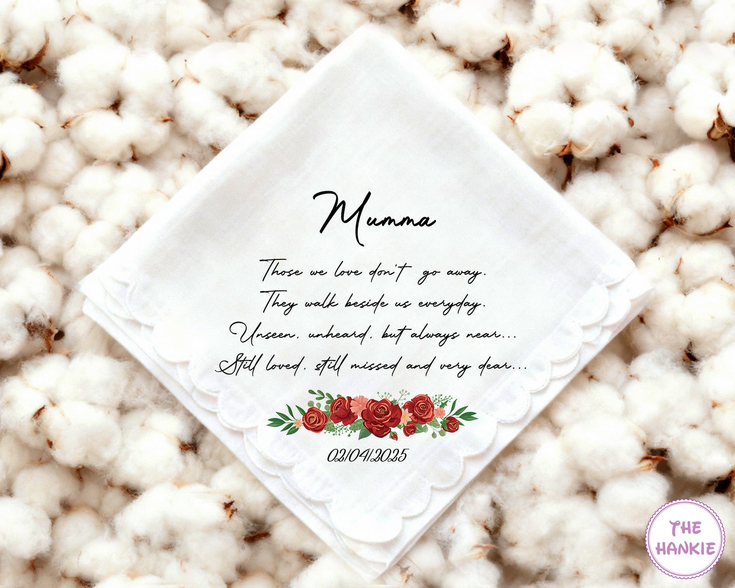 Custom Floral Scallop Remembrance Handkerchief for Mumma