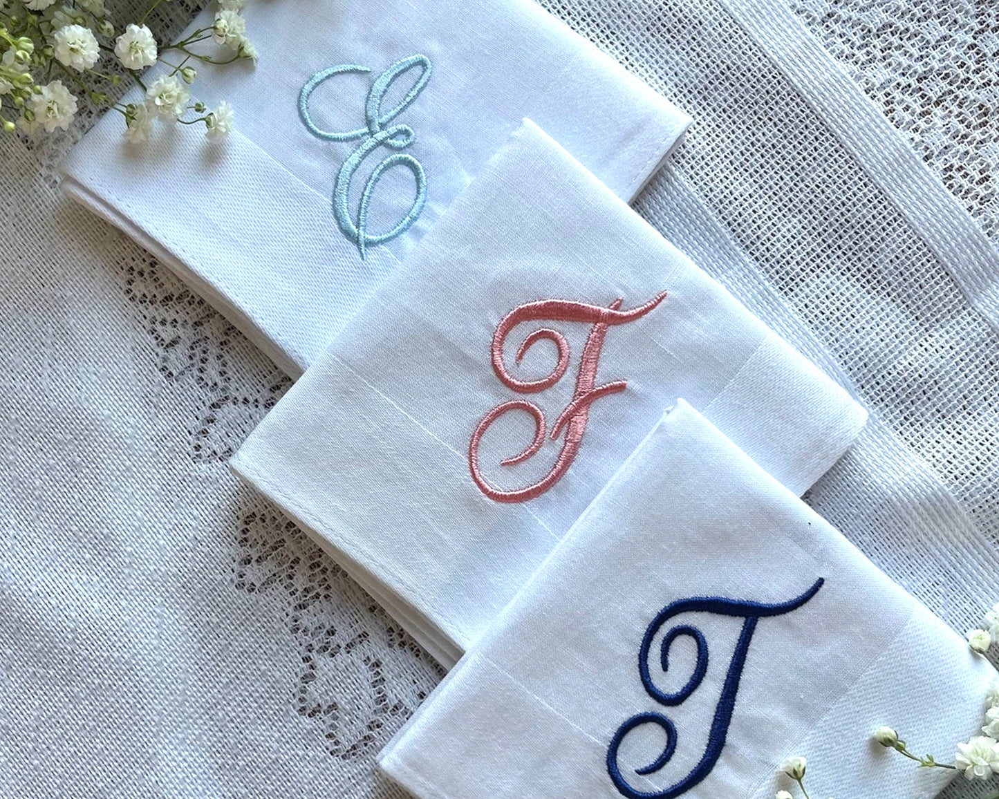 Custom White Monogrammed Handkerchiefs - Set of 2,3