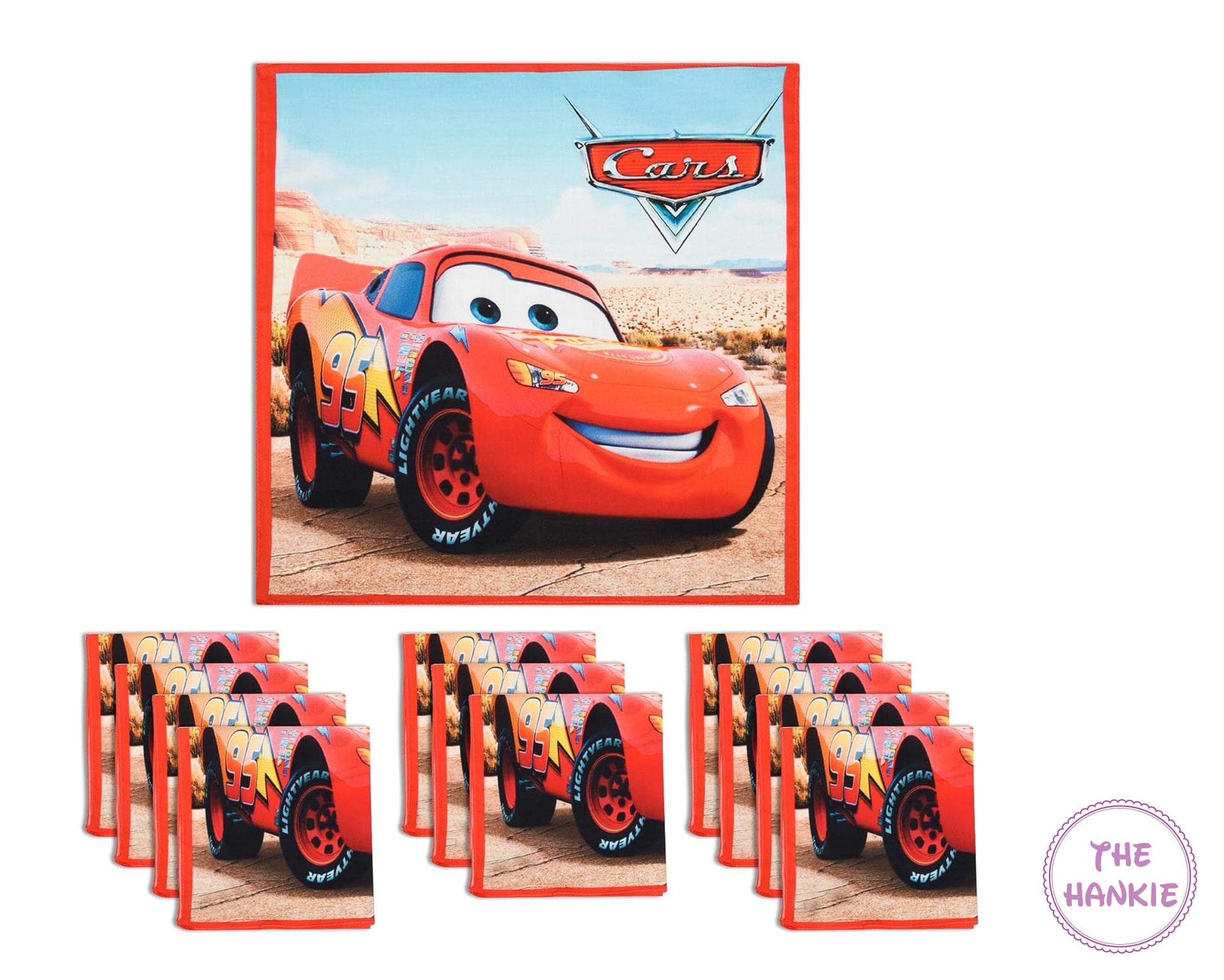 Set of hankies with a cartoon car design on a white background