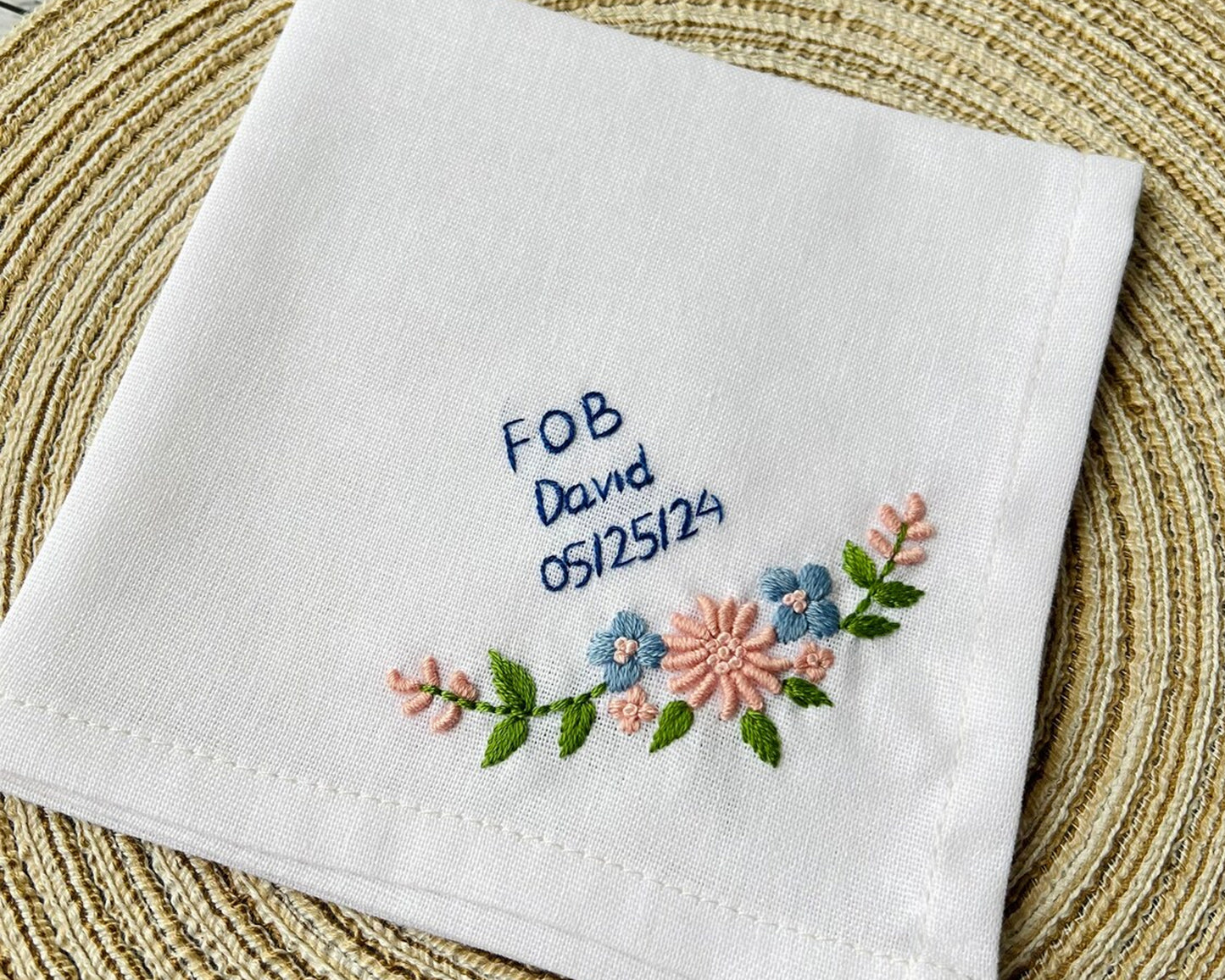 Personalized Linen Wedding Handkerchief with Flower