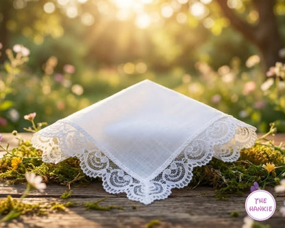 Elegant White Handkerchief – Soft Cotton Floral Lace Trim Bridal Hanky