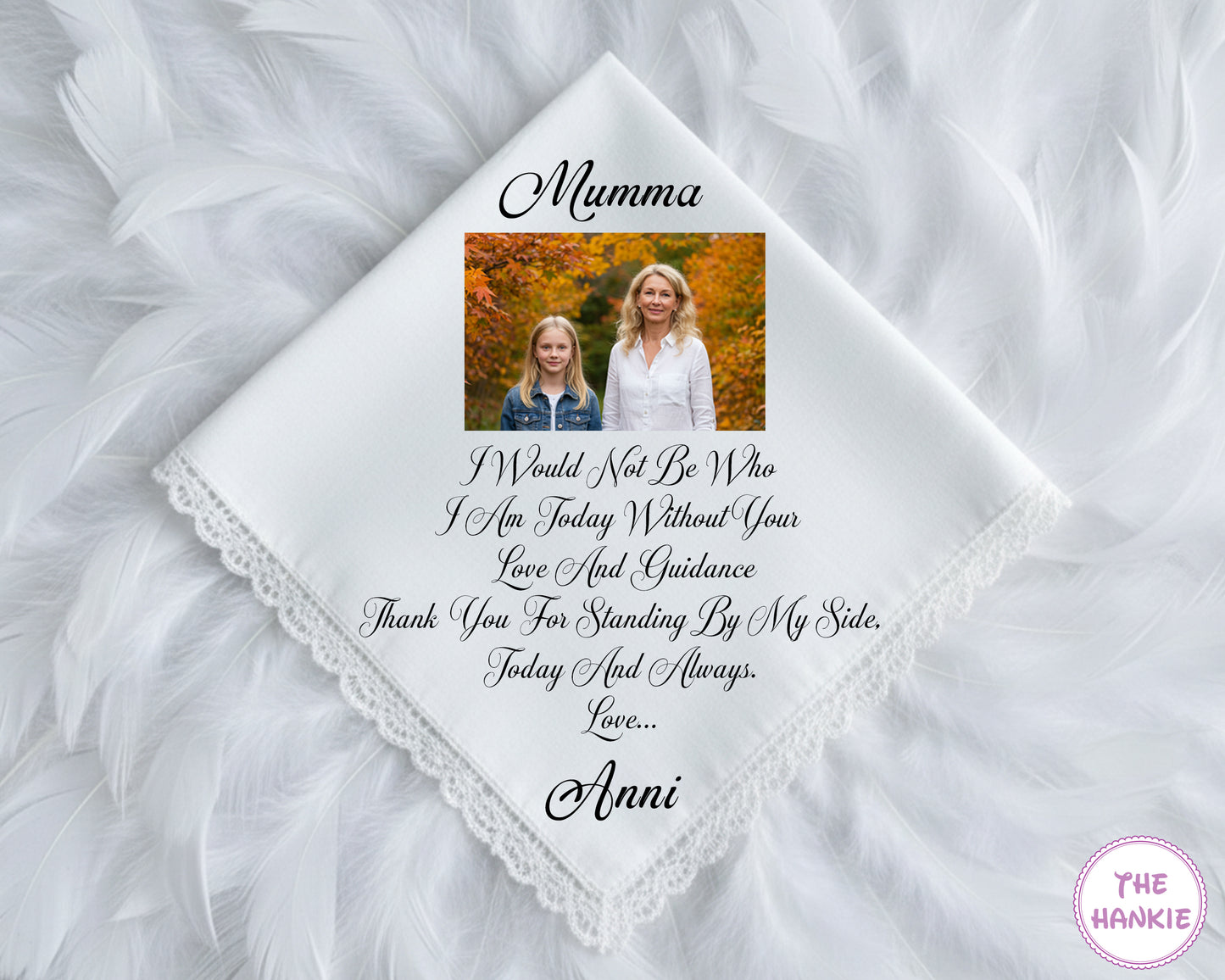 Elegant Lace Cotton Photo Keepsake Handkerchief for Mumma