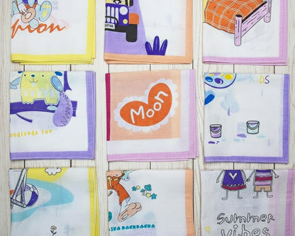 Cute 100% Cartoon Printed Assorted Cotton Handkerchiefs for Kids