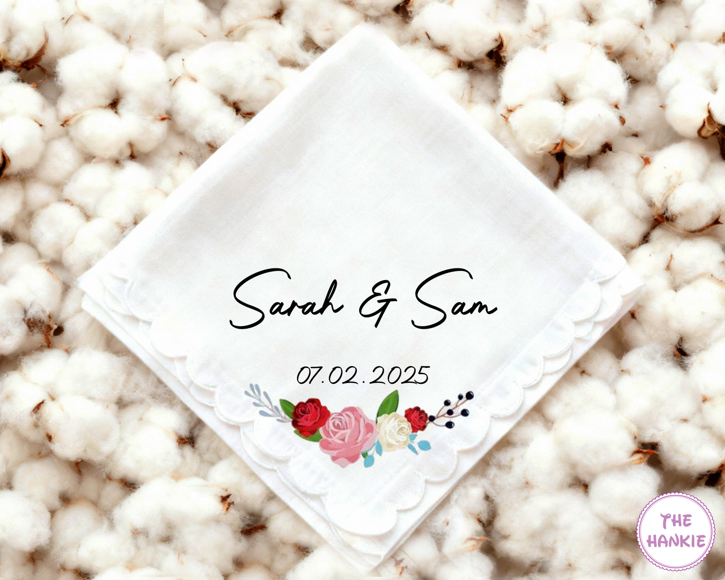 Custom Save the Date Floral Scalloped Edge Handkerchief