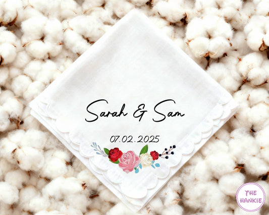 Custom Save the Date Floral Scalloped Edge Handkerchief