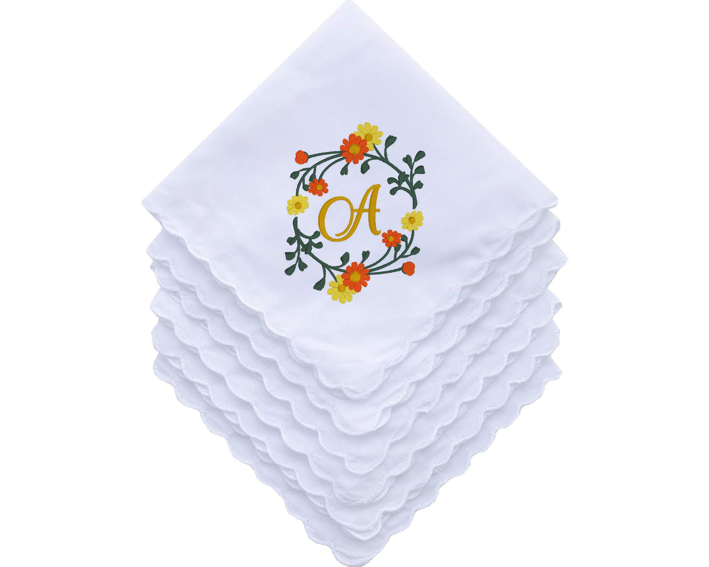 Womens Scallop Edge Cotton Embroidery Hankie - Set of 2,4,8,12